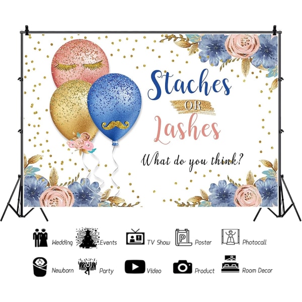 5x3ft Balloner Blomster Baggrund til Fotoshoot Portræt Staches eller Lashes Hvad Synes Du Banner Baggrund Baby Shower Køn Afsløring Fest Dekorationer