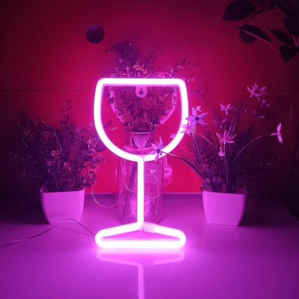 Vinglas Neon Skyltar, USB eller 3-AA Batteridriven Neonljus, LED-lampor Bordsdekoration, Flickors Sovrumsväggdekor, Barnens Födelsedagspresent (rosa)