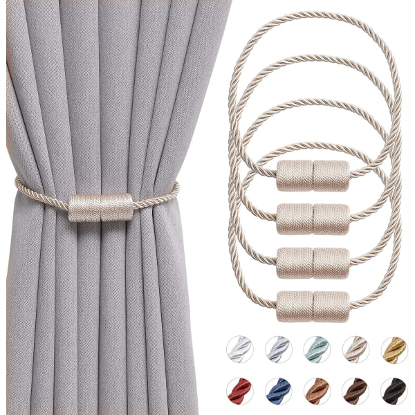 4-pack 16 tums magnetiska gardinbindningar Handgjorda vävda rep för hem och kontor fönsterdraperier (beige)