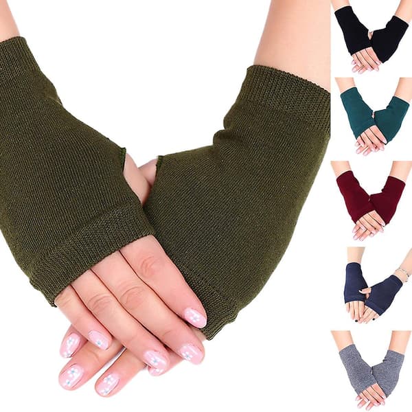 Fingerless Gloves Stretchy Knitted Thumbhole Mittens Solid Color Short Hand Warmers 4