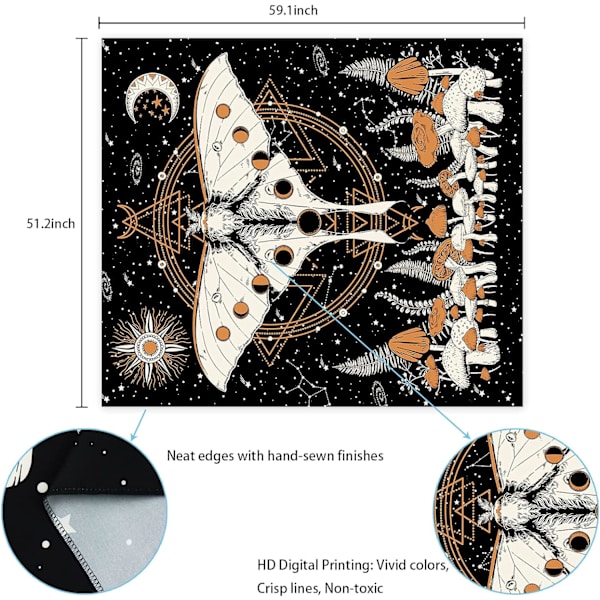 Psykedelisk väggbonad Luna Moth Butterfly Tapestry Sun Moon Tapestries Solar Lunar Eclipse Tapestries Natural Mystery Decorative(150*130cm)