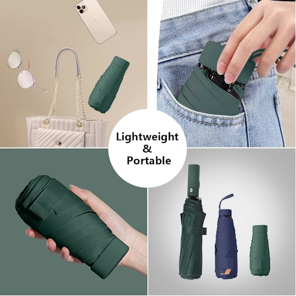 Mini-matka-aurinkovarjo käsilaukkuun kotelolla, kompakti UV-sateenvarjo suoja aurinko, aurinkovarjo tuulenpitävä naisille miehille lapsille (tummanvihreä)