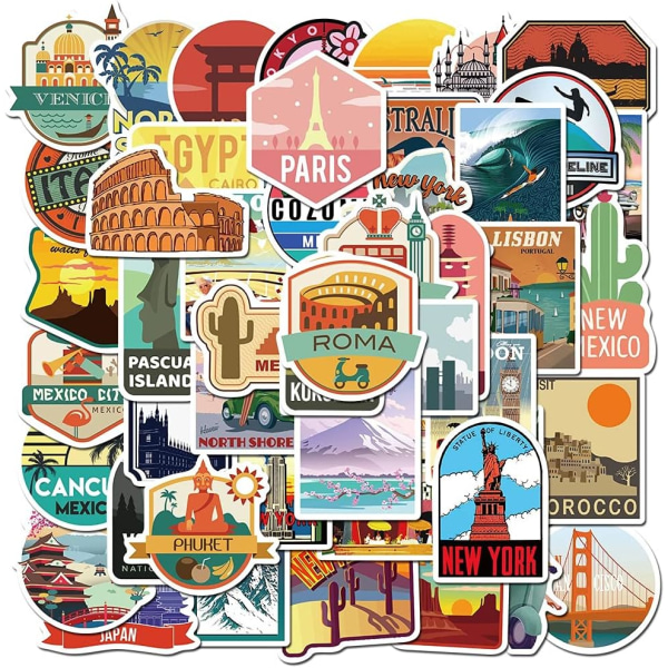 50 st Global Travel City Landscape Sticker Decal Vinyl för Scrapbooking Skateboard Laptop Gitarr Telefon Sticker Kid Toy