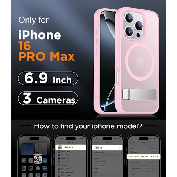 Magneettinen iPhone 16 Pro Max -kotelo, [Sisäänrakennettu näkymätön jalusta][Yhteensopiva MagSafe-tekniikan kanssa] [Sotilastason iskunkestävä] Ohut läpikuultava Pink for iPhone 16 Pro Max 6.9"