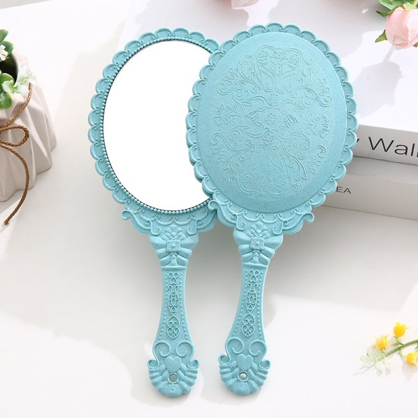 Retro patterned handle cosmetic mirror cosmetic mirror portable lace mirror hand-held mirror-Blue 1PCS