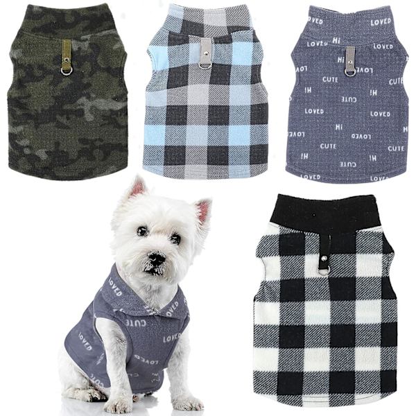 4 Stykker Vinterstof Hundetrøje med Snore Ring Blød Fleece Vest Hundetøj Tartan Camouflage Varmt Hvalpejakke Trøje Tøj til Hunde Kat (S)