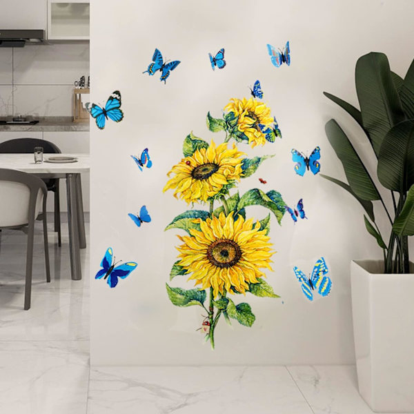 Solsikke Vægstikker med 3D Sommerfugl Vægsticker, Haveblomst Vægstikker Vandafvisende og Aftagelig til Soveværelse Stue Kunst Dekoration