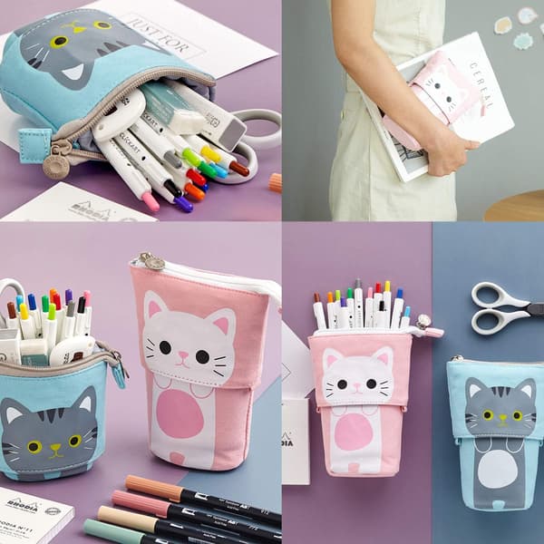Practical Cosmetic Organizer, Customizable Canvas Material, Cute Cat-Themed Pencil Case, Standing Pencil Pouch with Telescopic Design and Zipper