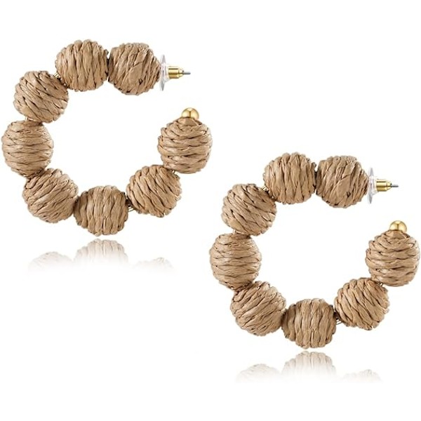 Sommar Boho Raffia Ball Hoop Dangle Örhängen i rotting för kvinnor och flickor Lätta halm Wicker Statement Örhängen
