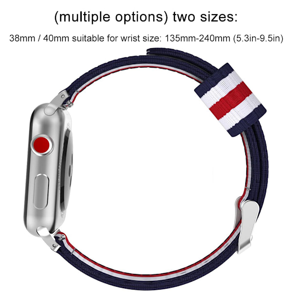 Apple Watch -yhteensopiva ranneke, hienosti kudottu nailonista valmistettu säädettävä vaihtoranneke urheiluranneke sopii -38 mm sininen, valkoinen, punainen, valkoinen ja sininen