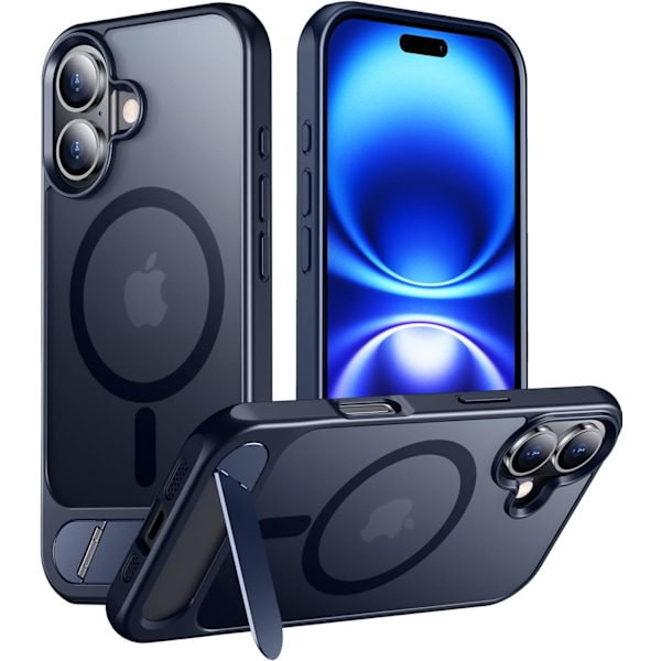 Magneettinen iPhone 16 Pro Max -kotelo, [Sisäänrakennettu näkymätön jalusta][Yhteensopiva MagSafe-tekniikan kanssa] [Sotilastason iskunkestävä] Ohut läpikuultava Blue for iPhone 16 6.1"