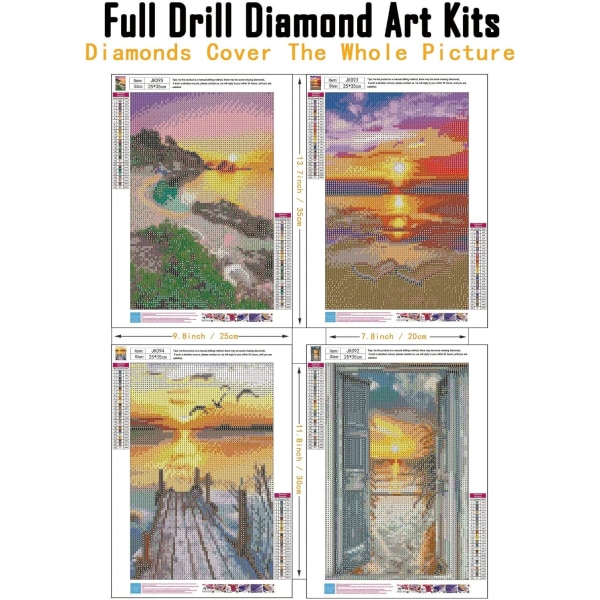 4-pack diamond painting för vuxna nybörjare, rund helborrning vid havet i solnedgångslandskap Gem Art Kit, hemväggdekor 9,8 x 13,8 tum