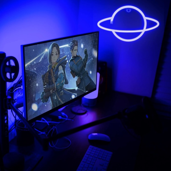 Planet Neon Lys - Cool Blå Planet Led Skilt til Vægdekoration - Hængende Saturn LED Lys - Planet Lys til Soveværelse, Spillerum (blå)