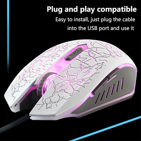 Spelmus med sladd, USB optisk datormus med RGB-bakgrundsbelysning, 4 justerbar DPI ergonomisk spelare bärbar datormus - Vit