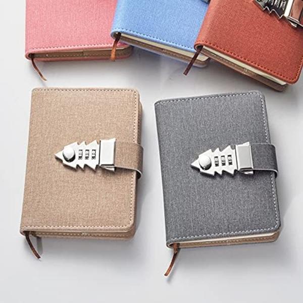 Låsbar dagbog med lås, genopfyldelig skrive notesbog med kombinationslås, lommebog kodeord notesblok med penneholder（Beige）