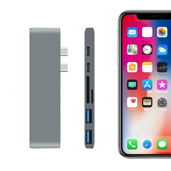 Allt-i-ett multifunktionell dubbelhuvud typ-c hub dockningsstation hub för Apple bärbara datorer med USB-C (100W PD) - grå