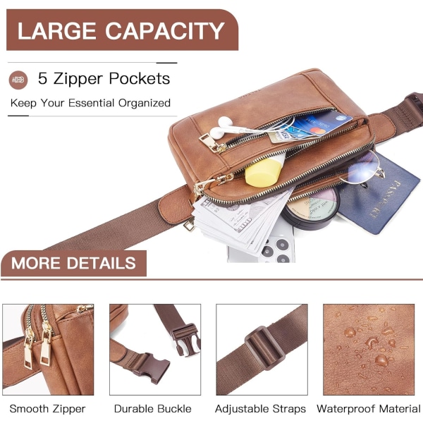 Fanny Packs for Women Cross Body Bag Leather Belt Bag Fashionable Waist Bag with Adjustable Strap Brown