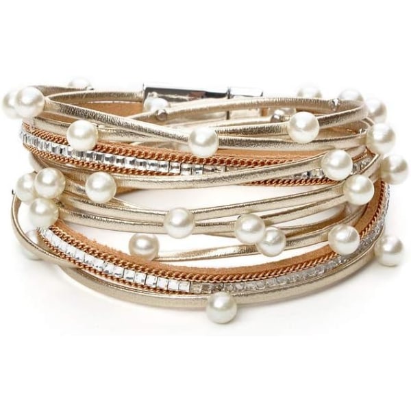 Leopard Armband för Kvinnor, Boho Läder Wrap Multi-Layer Pärla Kristall Armband Smycken