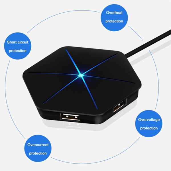 USB-keskitin, pystysuora datakeskitin pitkällä kaapelilla - 6 portin USB-jatkokaapeli, ylimääräiset USB-portit - musta (sininen valo ilman OTG-toimintoa)