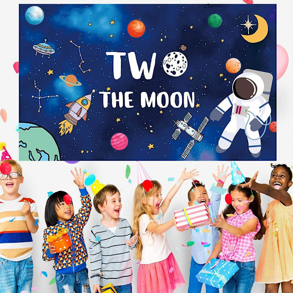 Två till månen födelsedagsbakgrund yttre rymdraket astronaut tema födelsedagsbakgrund pojke 2:a födelsedagsfest dekoration banner tillbehör