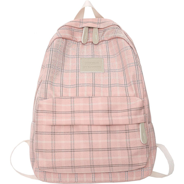 Light Academia -tyylinen reppu Ruudullinen Preppy-reppu Teini-tytöille Kirjakassit Takaisin kouluun -reppu Tarvikkeet (Hento vaaleanpunainen)