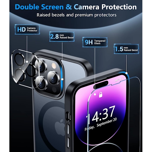 Magneettinen iPhone 16 Pro Max -kotelo, [Sisäänrakennettu näkymätön jalusta][Yhteensopiva MagSafe-tekniikan kanssa] [Sotilastason iskunkestävä] Ohut läpikuultava Black Matte iPhone 14 Pro Max