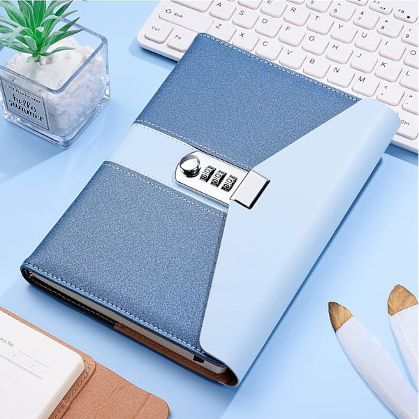 A5 Business Låsbare Dagbog, Låst Penneholder & Kortpladser, Kontor Skoleartikler Studerende Stationery, Størrelse 8.6\"x5.9\"（Blå）