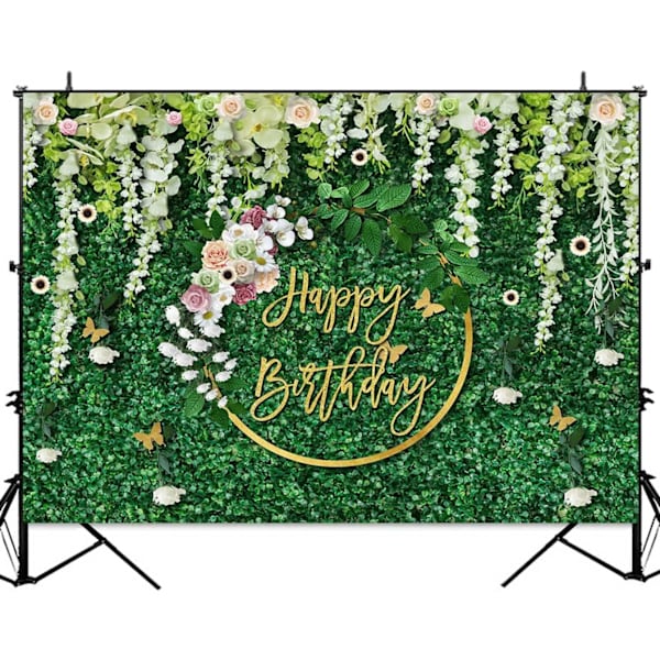 Onnellinen syntymäpäivä tausta vihreä ruoho ja kukat seppele tausta vihreys lehdet syntymäpäivä koristeet juhla valokuvaus taustat banneri 7x5ft
