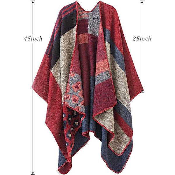 Kvinnors Rutig Tröja Poncho Cape Kappa Öppen Fram Filtsjalar och Omslag