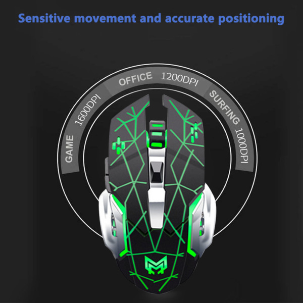 Ladattava 2,4 GHz:n langaton pelihiiri USB-vastaanottimella, 7 väriä taustavaloa tietokoneelle, kannettavalle tietokoneelle - musta vihreä