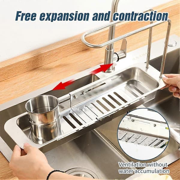 Diskställ i rostfritt stål, utdragbar svamphållare för diskbänk, diskställ för köksbänk A