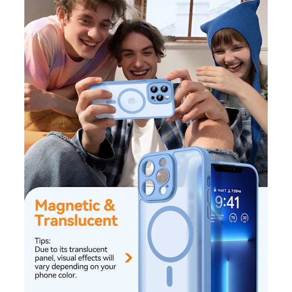 Magnetisk etui til iPhone 16 Pro Max med fuld kamerabeskyttelse [Kompatibel med Magsafe] [Gennemskinnelig mat] Beskyttende telefonetui, mat sort Light Blue iPhone 13 Pro Max