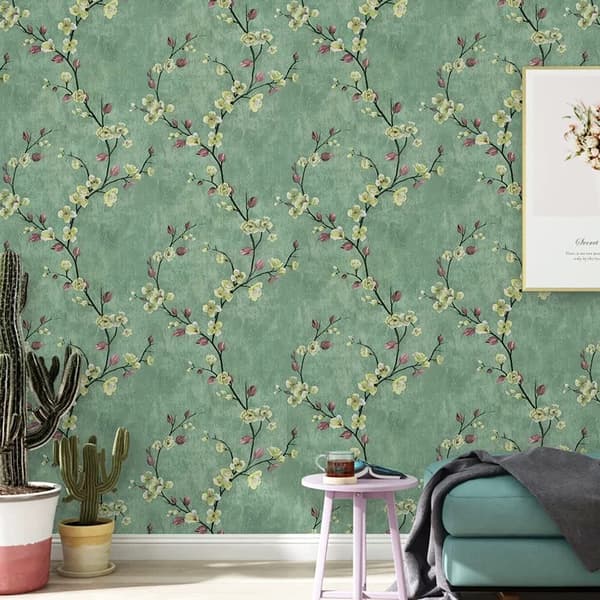 Self-adhesive wallpaper, green floral and tree pattern, 17.7 inches x 393.7 inches