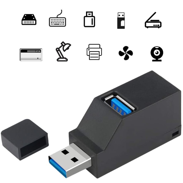 USB 3.0 3-porters hub (2x USB 2.0 + USB 3.0), datahub kompatibel med PC og andre USB 3.0-kompatible enheter - svart