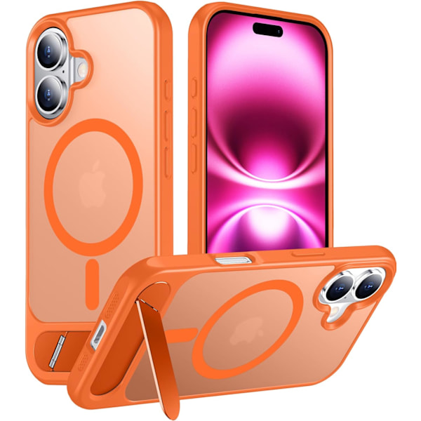 Magneettinen iPhone 16 Pro Max -kotelo, [Sisäänrakennettu näkymätön jalusta][Yhteensopiva MagSafe-tekniikan kanssa] [Sotilastason iskunkestävä] Ohut läpikuultava Orange for iPhone 16 6.1"