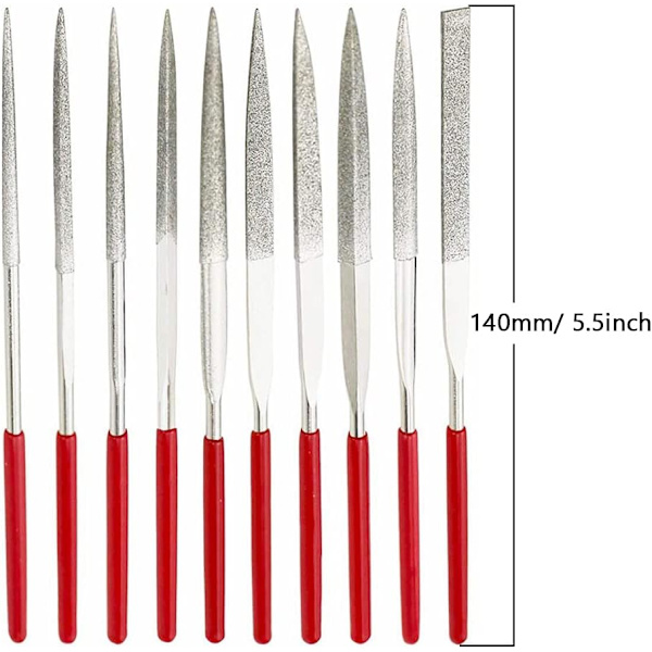 Diamantfiluppsättning, 10 stycken 140 mm Mini-modellering Riffler-filer 3 mm skaft Assorterade små nålfiler Triangulär fyrkantig platt form Metallfiluppsättning