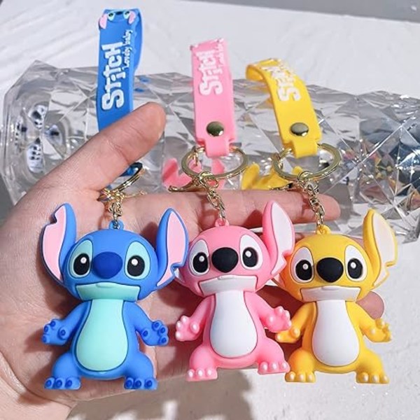 Anime söt Stitch silikon nyckelring, PVC-hänge nyckelring ringhållare handledsrem tillbehör för barnpresenter（Shi Dizai-rosa.）