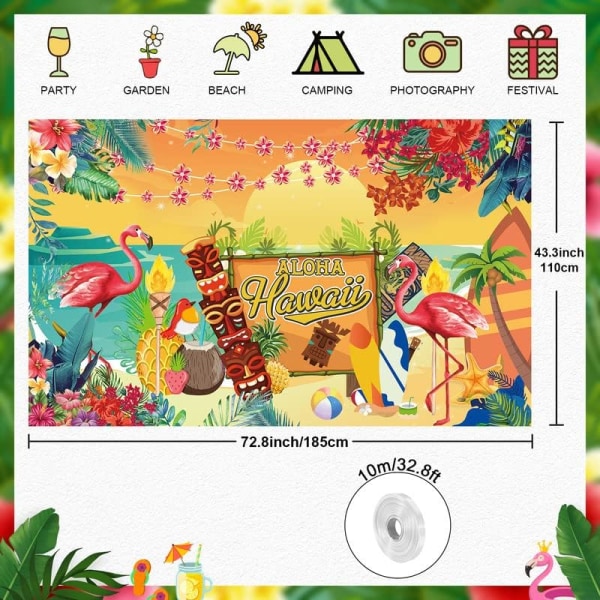 Aloha Hawaii-festbakgrunn, sommerdekorasjonsbanner for hawaiianske festdekorasjoner og flamingo-festdekorasjoner, 72,8 x 43,3 tommer