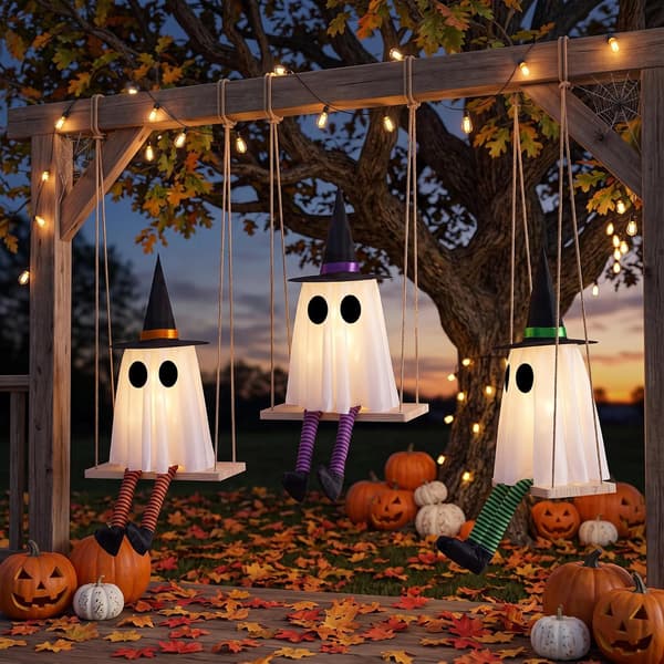 Halloween Swinging Ghost Outdoor Decor, Scary Hanging Ghost Decorations Set of 3, Timer Function, Remote Control, Unique Ghost and Witch Fusion Design