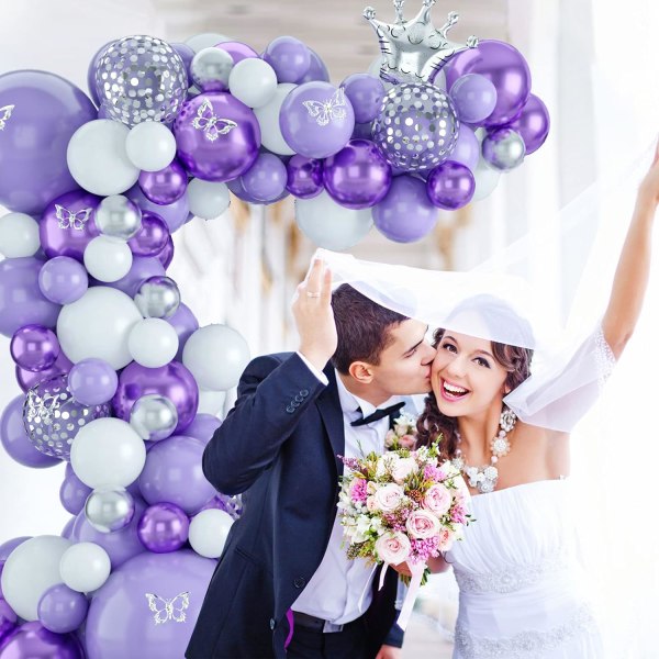 Lilla Festballonger, Lilla og Hvit Ballonggirland-Bue-sett, Makronmetalliske Lilla Ballonger Bue-sett for Bursdagsfest Baby Shower Bryllup