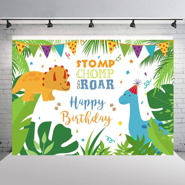 7x5ft Dinosaur Baggrund Tillykke med fødselsdagen Tegneserie Dinosaurer Tema til Fødselsdagsfest Bday Baggrund til Tropisk Jungle Banner Dekorationer