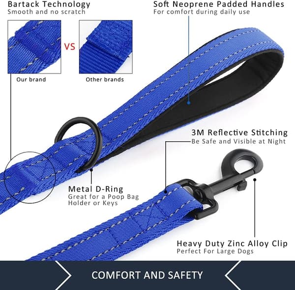 Dog Leash 6ft Long, Traffic Padded Two Handle, Heavy Duty, Reflective Double Handle for Control Safety Training, Leash for Large Dogs Navy Blue 6FT