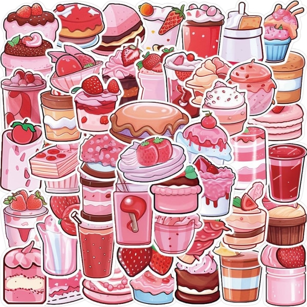 50 st söta dessertklistermärken, vattentäta vinylklistermärken för vattenflaska, bagage, skateboard, bärbar dator, dator, klippbok, rosa estetiska klistermärken