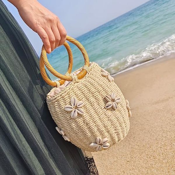 Blomsterpärlor Rotting Tote Bag Sommar Strand Dragkedja Halm Hink Väska Diamanter Vävda Handväska