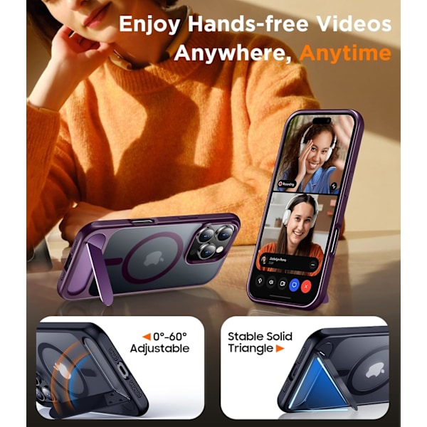Magneettinen iPhone 16 Pro Max -kotelo, [Sisäänrakennettu näkymätön jalusta][Yhteensopiva MagSafe-tekniikan kanssa] [Sotilastason iskunkestävä] Ohut läpikuultava Purple for iPhone 16 Pro Max 6.9"