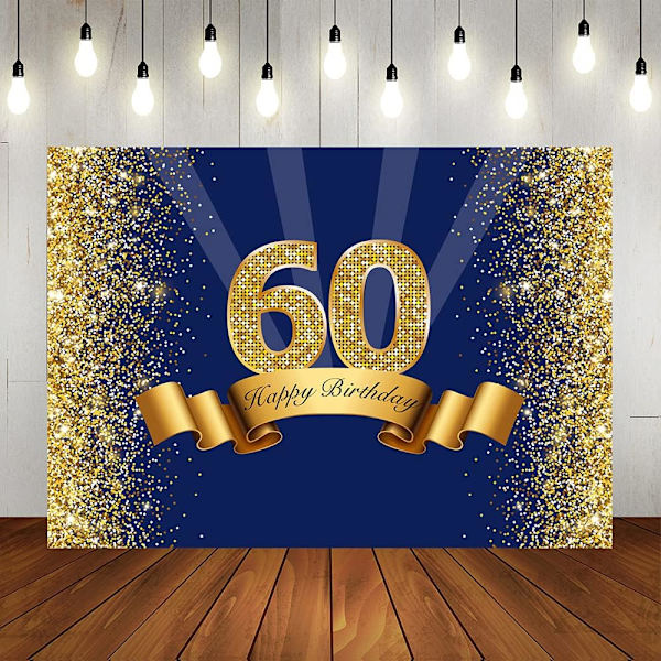 Glad 60-årsdag Fotografi Bakgrund för Marinblå och Glitter Guld Sextio År Gammal Bakgrund Blanka Jubileumsfest Dekorationer 7x5ft