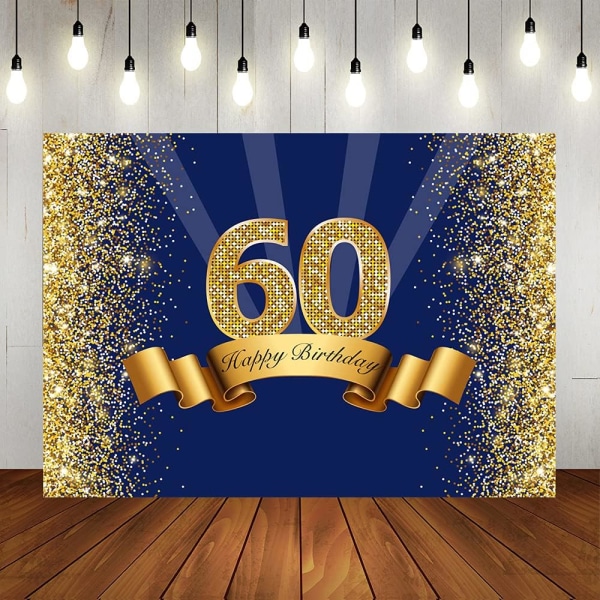 Gratulerer med 60-årsdagen Fotografi Bakgrunn for Navy Blue og Glitter Gull Sixty Years Old Bakgrunn Skinnende Jubileumsfest Dekorasjoner 7x5ft