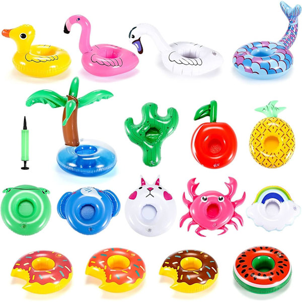 17 pak oppustelige drikkeholdere, oppustelige kopholdere, pool drikkefloats, forskellige drikkefloaties-underlag med luftpumpe, til poolpartyer