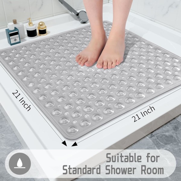 Duschbadkarsmatta halkfri, 21x21 tum, mjukt fyrkantigt badkar för badkar med sugkoppar och avloppshål, stallbadrum, maskintvättbar, klar