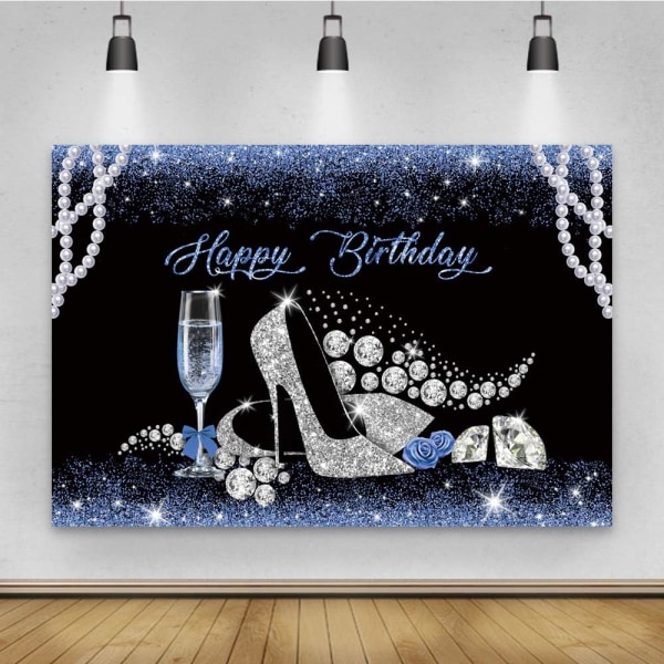 7x5ft Happy Birthday Baggrund Perle og Diomand Høj Hæl Sko Fødselsdag Baner Blå Glitters Fotografi Baggrund Dronningens Fødselsdagsfest